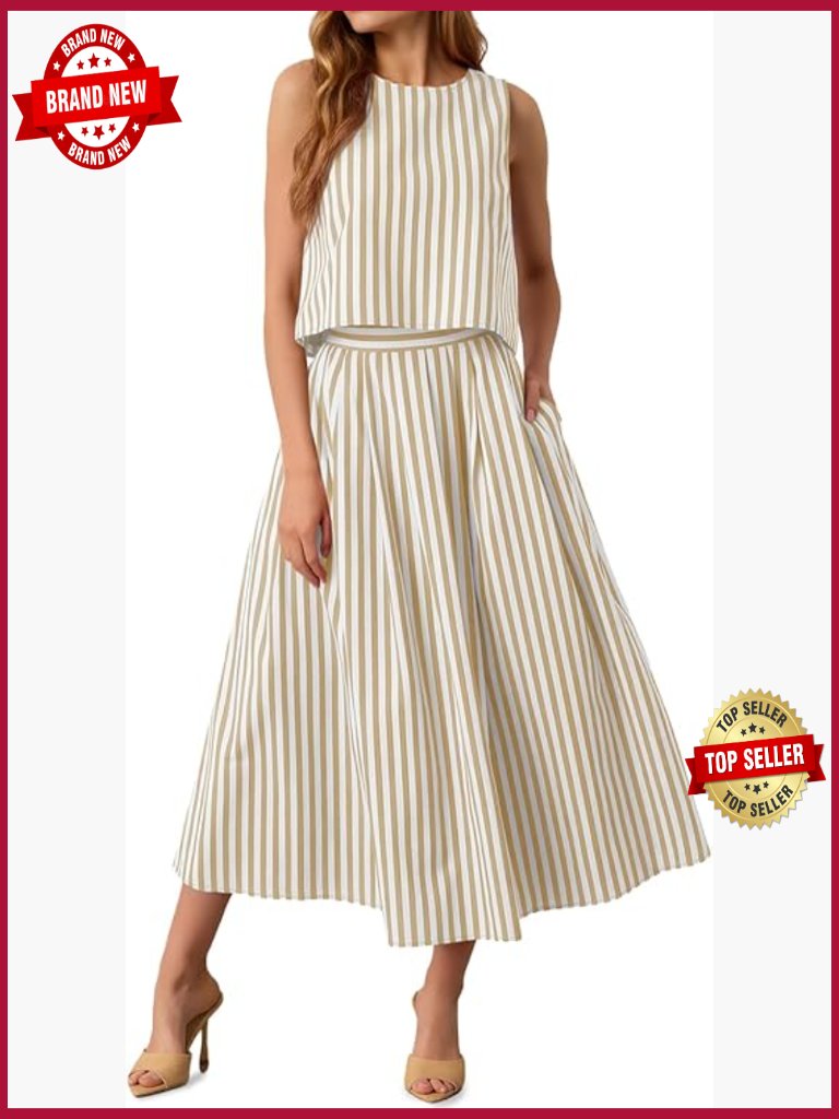 Striped 2 Piece Skirt Set Sleeveless Tank Midi Dress Matching Set